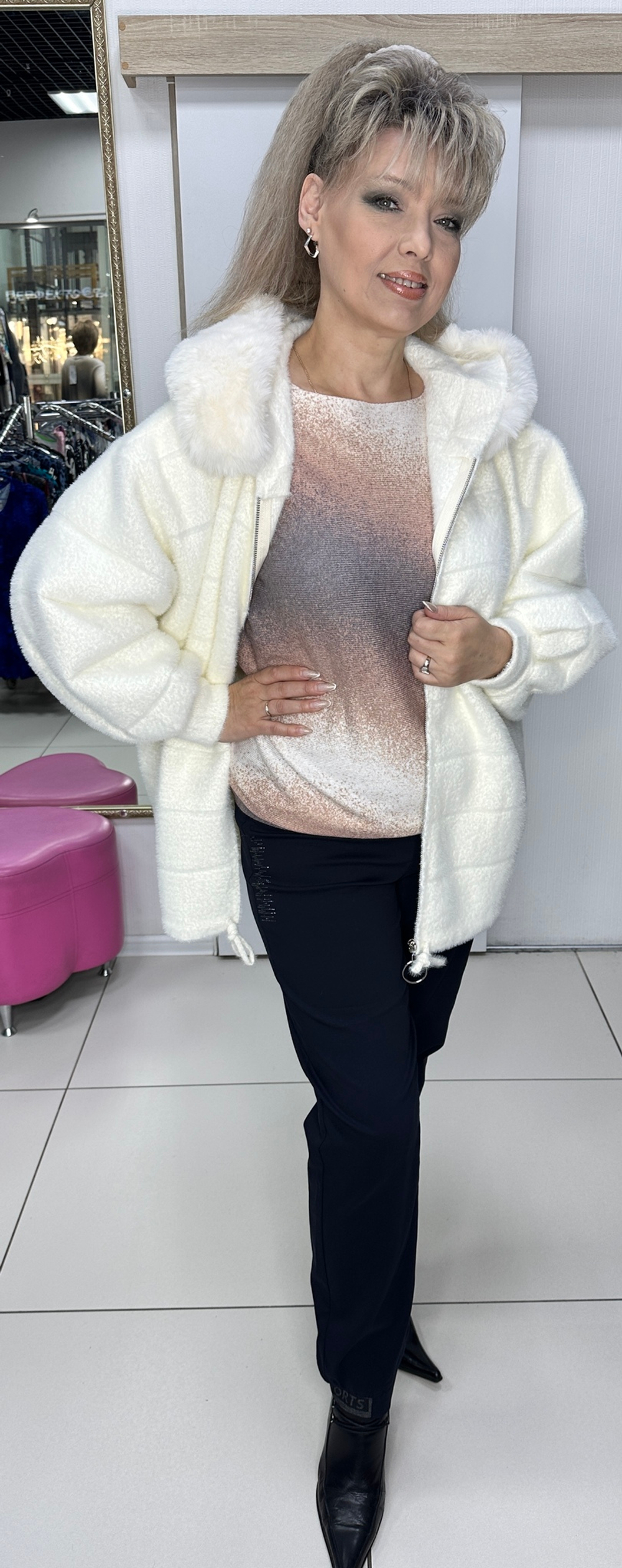 Белый жакет-куртка из альпака на большие размеры