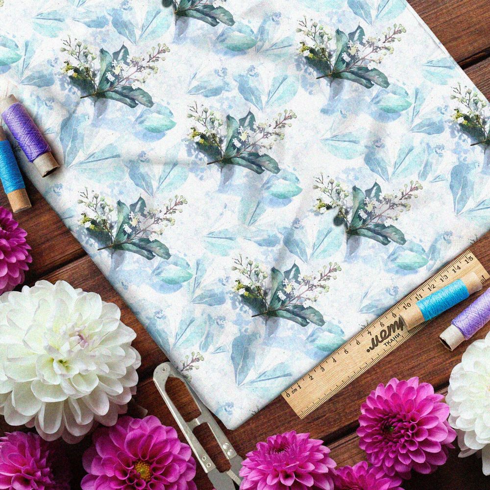 Ткань лён размытые акварельные листья и цветы