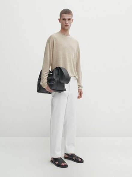 Massimo Dutti Льняной свитер с круглым вырезом, каменный