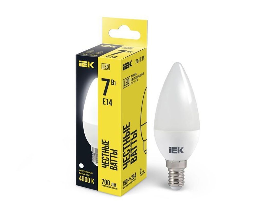 Лампа светодиодная 7Вт C35 свеча 4000К нейтр. бел. E14 230В IEK LLE-C35-7-230-40-E14