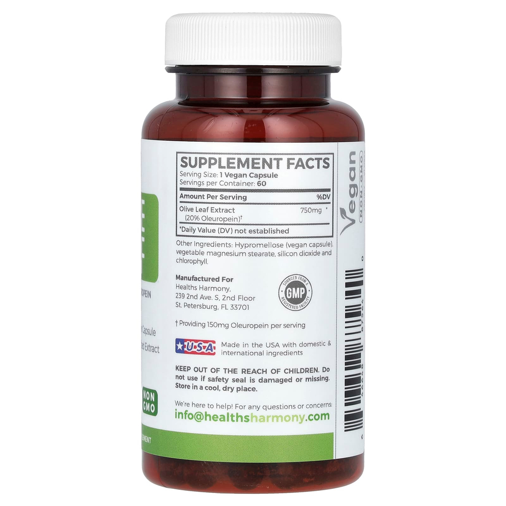 Healths Harmony, лист оливкового дерева, 750 мг, 60 капсул