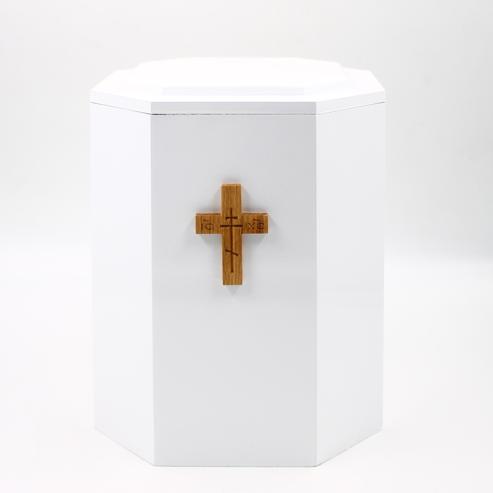 Урна для праха МДФ с крестом "Восьмигранная" белая