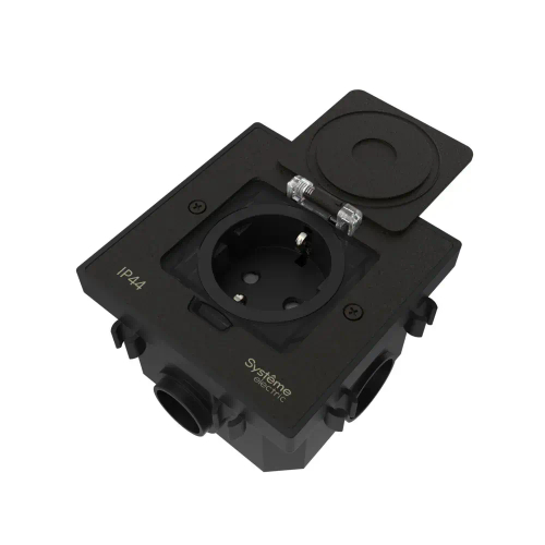 MultiDesk Лючок с розеткой 2К+З, 16А/250В, IP44 с монтажной коробкой для бетонных полов Чёрный матов