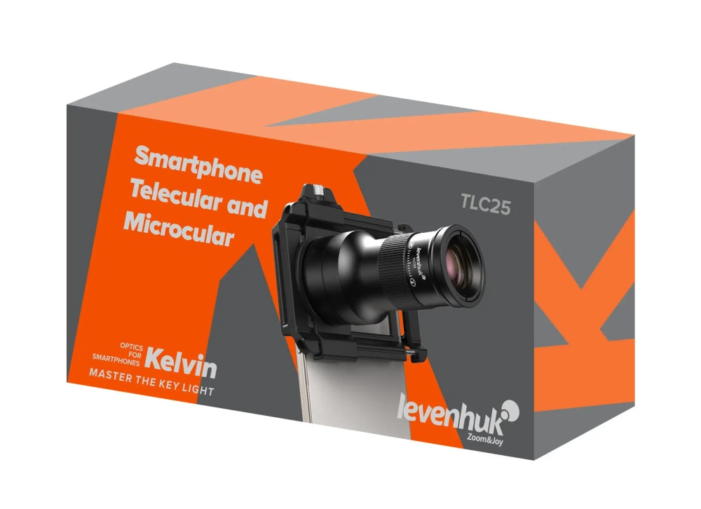 Телекуляр и микрокуляр для телефона Levenhuk Kelvin TLC25, упаковка под углом