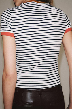 ZARA ФУТБОЛКА В ПОЛОСКУ С КОРОТКИМ РУКАВОМ, ЭКРЮ/ТЕМНО-СИНИЙ