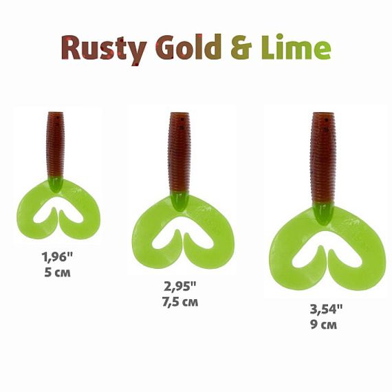 Твистер Helios Credo Double Tail 2,95"/7,5 см Rusty Gold & Lime 7шт. (HS-12-017)