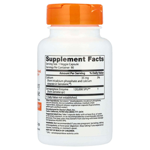 Doctor's Best, высокоэффективная серрапептаза, 90 растительных капсул