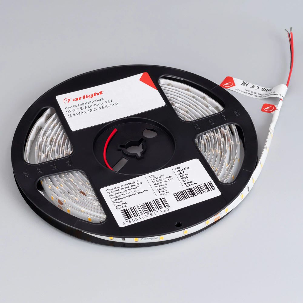 Светодиодная лента герметичная RTW-SE-A60-8mm 24V Warm3000 (4.8 W/m, IP65, 2835, 5m) (Arlight, -) 021556(3)