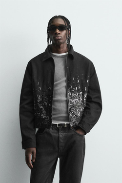 ZARA УКОРОЧЕННАЯ КУРТКА С ПАЙЕТКАМИ, ЧЕРНЫЙ