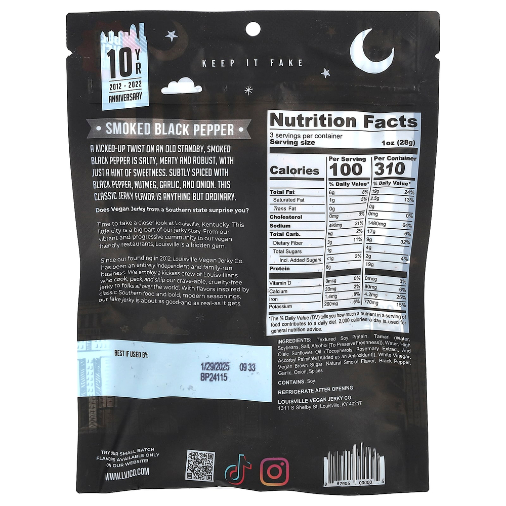 Louisville Vegan Jerky Co, Копченый черный перец, 85,05 г (3 унции)