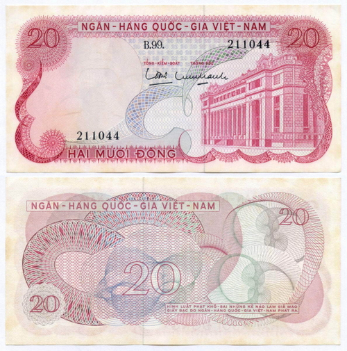 Банкнота Южный Вьетнам 20 донгов 1969 год B99 211044. VF-XF
