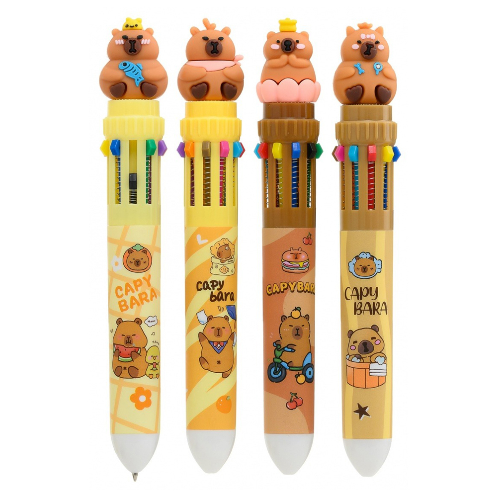 Ручка шариковая, автоматическая, 10в1, Basir, серия "Капибара", 10-ти цветная, с резиновой фигуркой, 36 шт