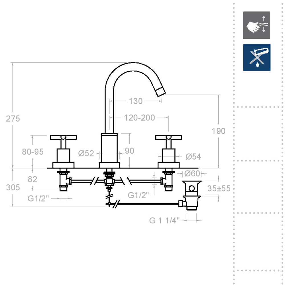 Смеситель для раковины на 3 отверстия RS-CROSS 6242