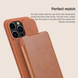 Кожаный чехол книжка коричневого цвета от Nillkin для iPhone 15 Pro Max, серия Qin Pro Leather с защитной шторкой для камеры