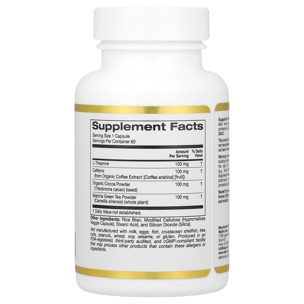 California Gold Nutrition, TheanineUP™, L-теанин, кофеин, какао и матча, 60 растительных капсул