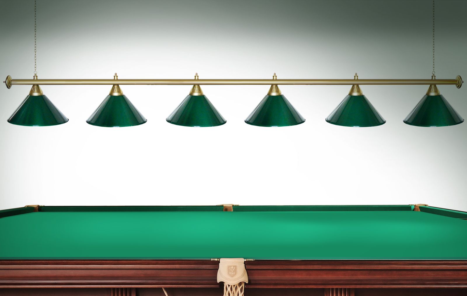 Лампа STARTBILLIARDS 6 пл. (плафоны зеленые,штанга золотая,фурнитура золото) фото №2
