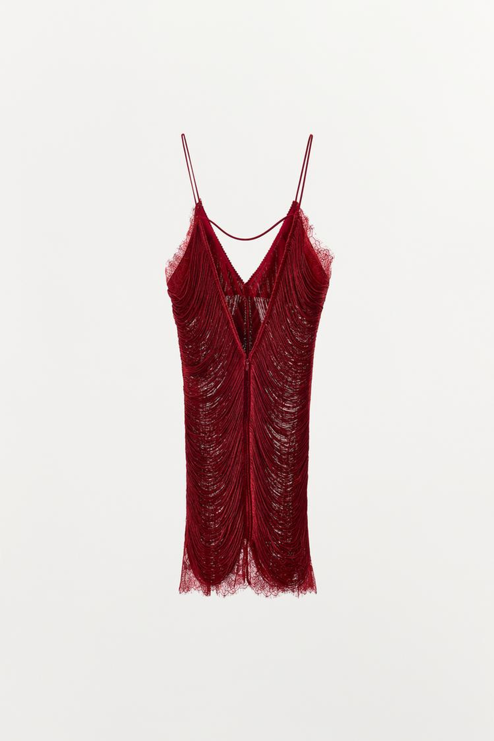 ZARA КОРОТКОЕ КРУЖЕВНОЕ ПЛАТЬЕ С БАХРОМОЙ, НАСЫЩЕННЫЙ КРАСНЫЙ