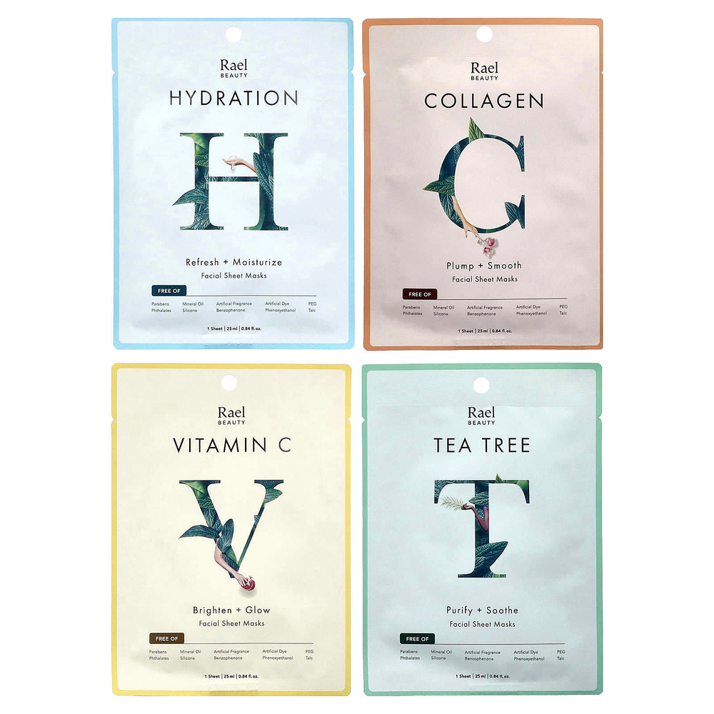 Rael, набор масок для ухода за кожей, 4 шт., по 25 мл (0,84 жидк. унции)