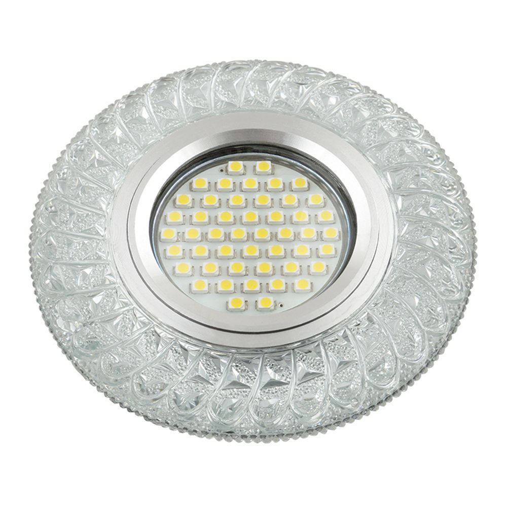DLS-L144 GU5.3 GLASSY/CLEAR Светильник декоративный встраиваемый, серия Luciole. Без лампы, цоколь GU5.3. Доп. светодиодная подсветка 3Вт. Стекло. Зер