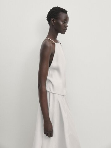 Massimo Dutti Короткий топ из льняной смеси, кремовый