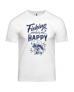 Футболка Fishing makes me happy классическая прямая белая с синим рисунком