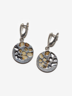 Уникальные серебряные серьги с цельным пейзажным янтарем, серебро 925 пробы