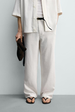 ZARA БРЮКИ RELAXED FIT ИЗ ВИСКОЗЫ И КОНОПЛИ, ЖЕЛТОВАТО-БЕЛЫЙ