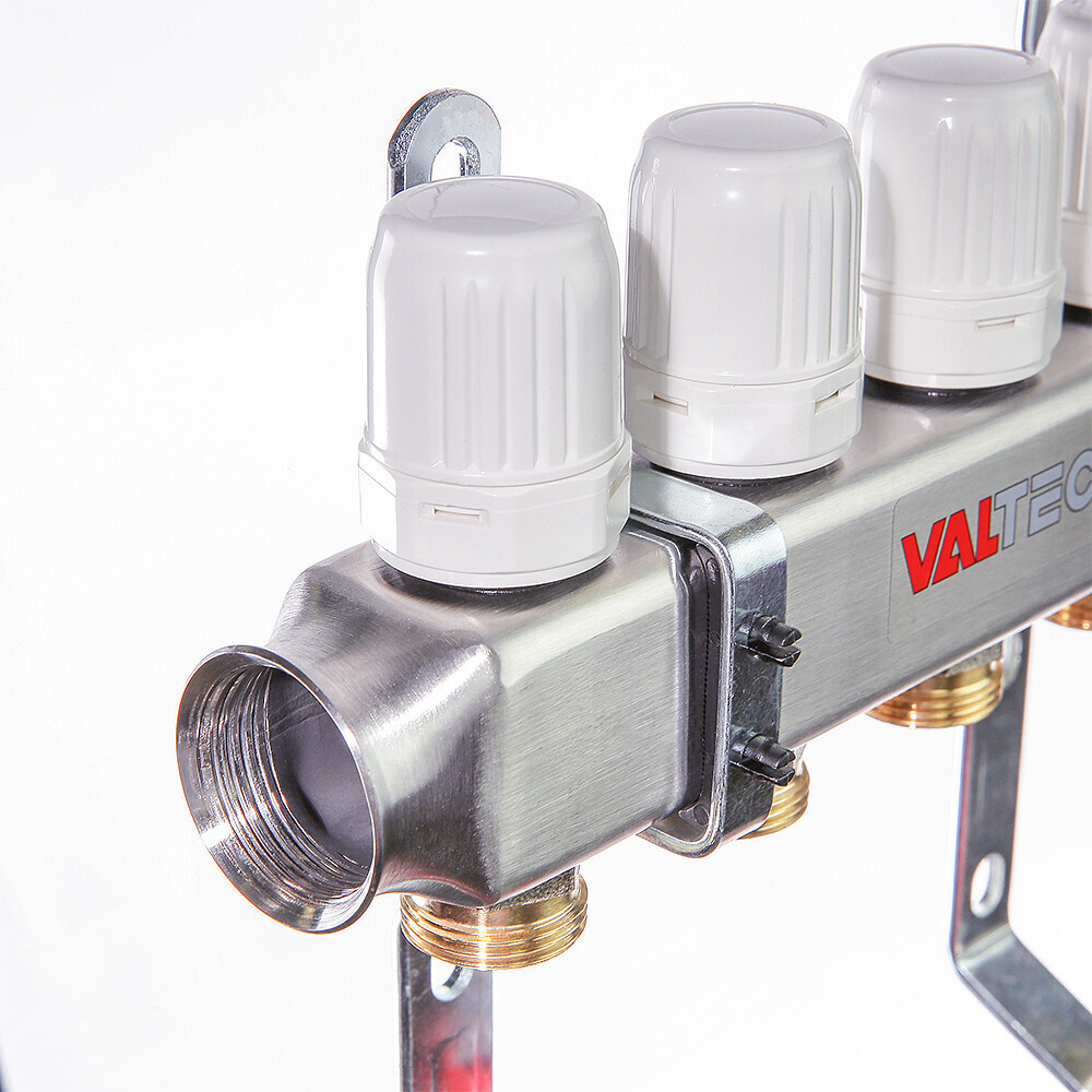 Коллекторный блок VALTEC из нержавеющей стали с регулировочными клапанами и расходомерами 1", 7 x 3/4", "евроконус"