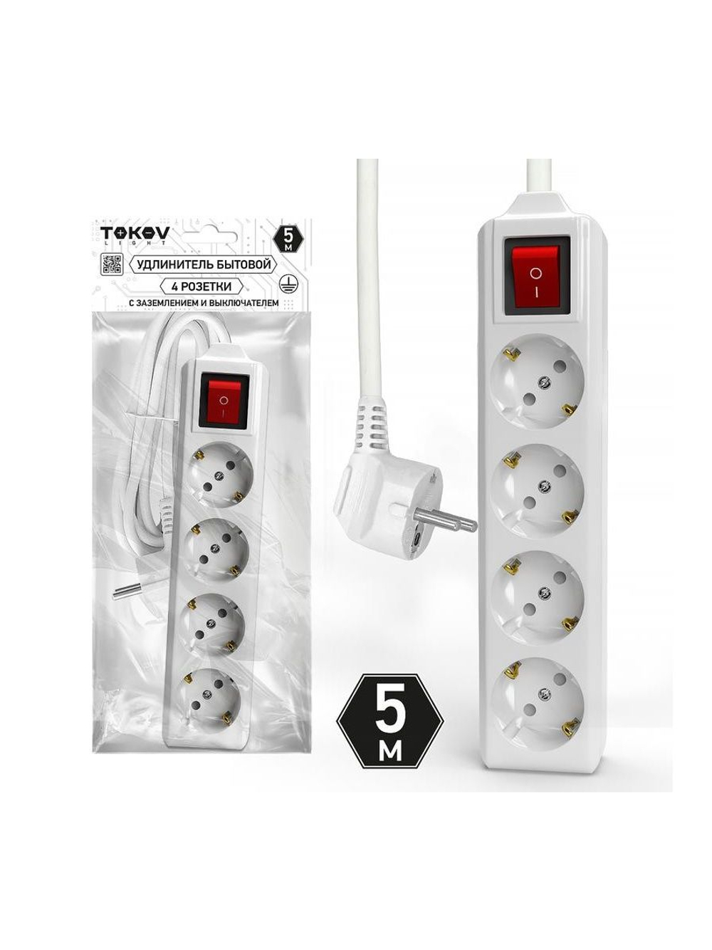 Удлинитель 4х5м с заземл. с выкл. 10А 3х1.5 TOKOV LIGHT TKL-C01-BU4-5-1.5-ZV