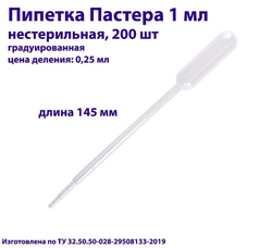 Пипетка для переноса жидкости (Пастера) 1 мл, нестерильная, 100 шт
