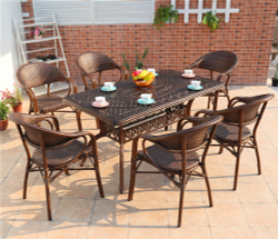 Обеденная группа Стол прямоугольный из литого алюминия ВУЛКАН-2 «VOLCANO-2» 146х80 + 6 Кресел  БАМБУК-2 «BAMBOO-2»