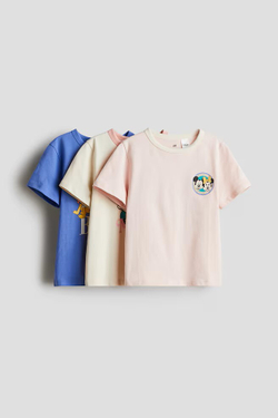 H&M Набор из трех хлопковых футболок с принтом, светло-розовый