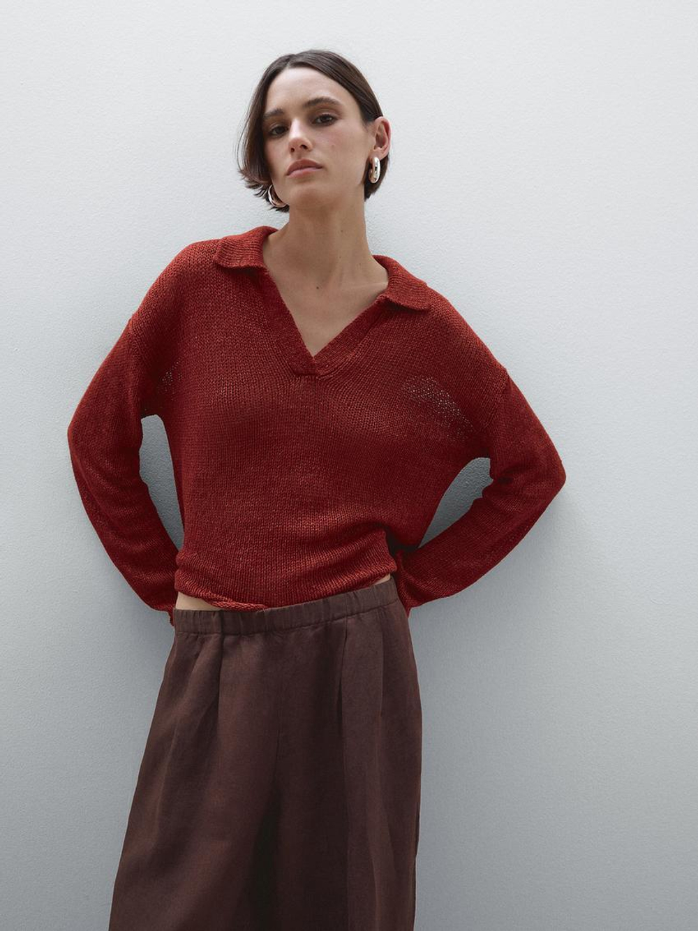 Massimo Dutti Струящиеся брюки из 100% льна, гранатовый