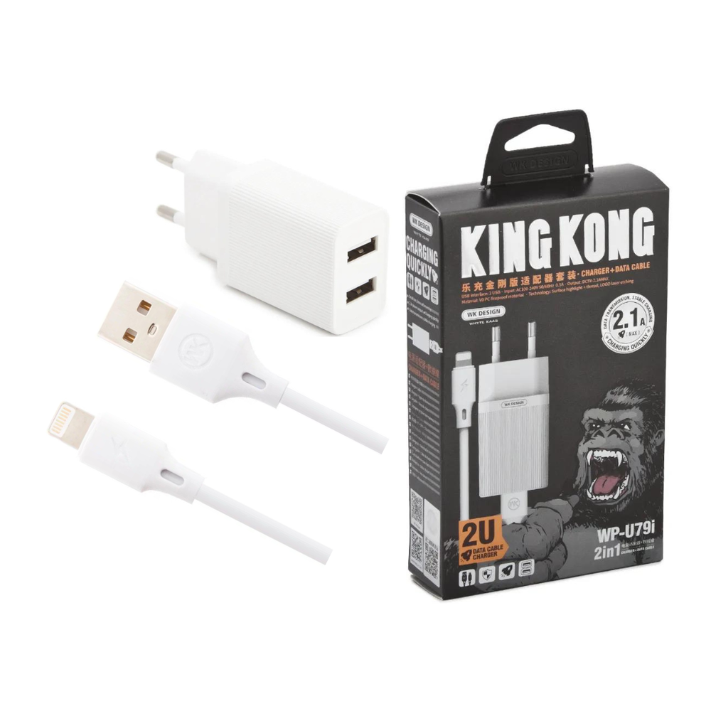 Сетевое зарядное устройство WK Kingkong WP-U79i 2xUSB-A, 2.1А + USB кабель Lightning, 1м, белый