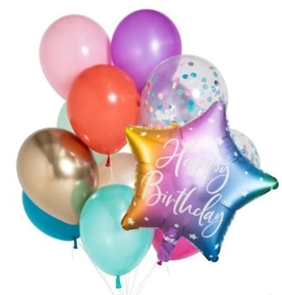 Разноцветные шарики с гелием с надписью Happy Birthday