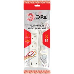 Удлинитель электрический ЭРА U-3-3m-USB-W 3 розетки + 3xUSB A+C 3м 10А белый