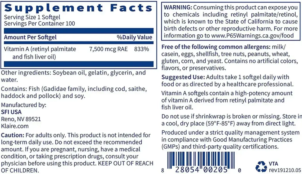 Klaire Labs - Vitamin A 100 softgels