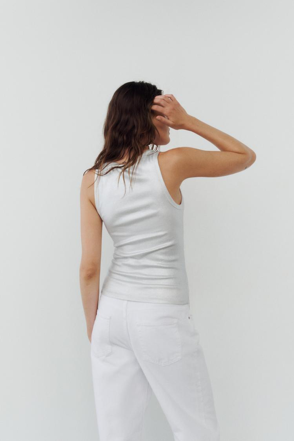 ZARA ТОП В РУБЧИК С МЕТАЛЛИЗИРОВАННОЙ ОТДЕЛКОЙ, СЕРЕБРИСТЫЙ