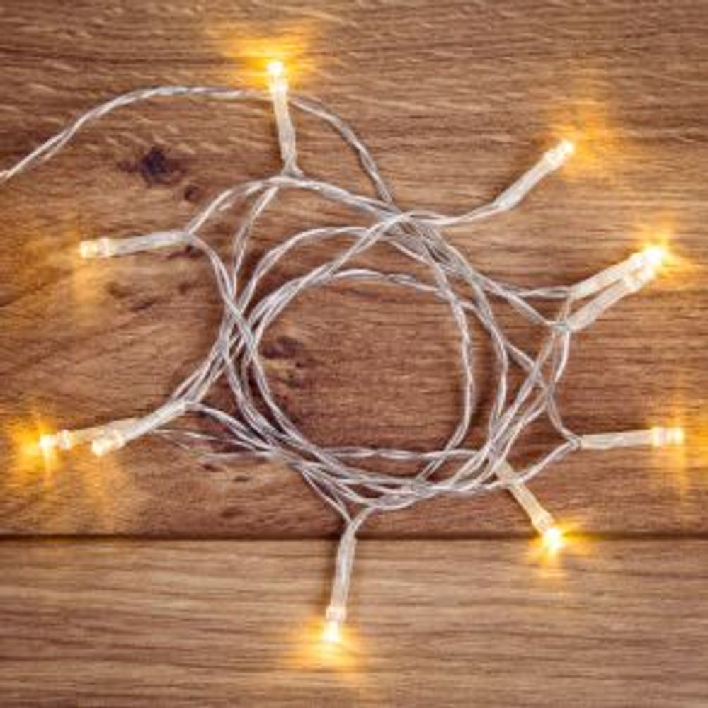 Гирлянда светодиодная универсальная 10 LED, 1,2 метра, прозрачный ПВХ, теплое белое свечение, батаре