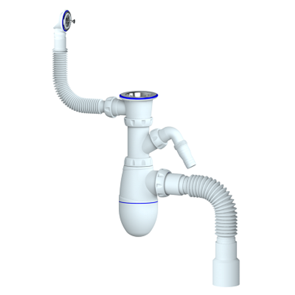 Сифон для мойки с круглым переливом, отвод для стиральной/посудомоечной машины,с отводом в канализацию UNICORN В443V
