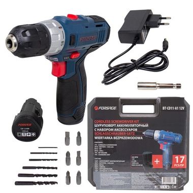 Шуруповерт аккумуляторный 12V,1.3Ah патрон 0,8-10мм(2 шт Li-ion, индикатор зарядки .сверло 1.5,2,3,4,5,6мм.биты PH1,2 PZ1,2,SL5,6 и битодержатель) в к Forsage F-BT-CD11-A1 12V