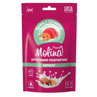 Лакомство для кошек и котят Molina хрустящие подушечки с начинкой из тунца и креветок, URINARY, 60г
