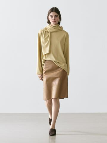 Massimo Dutti Мини-юбка из кожи наппа, цвет верблюжьей шерсти