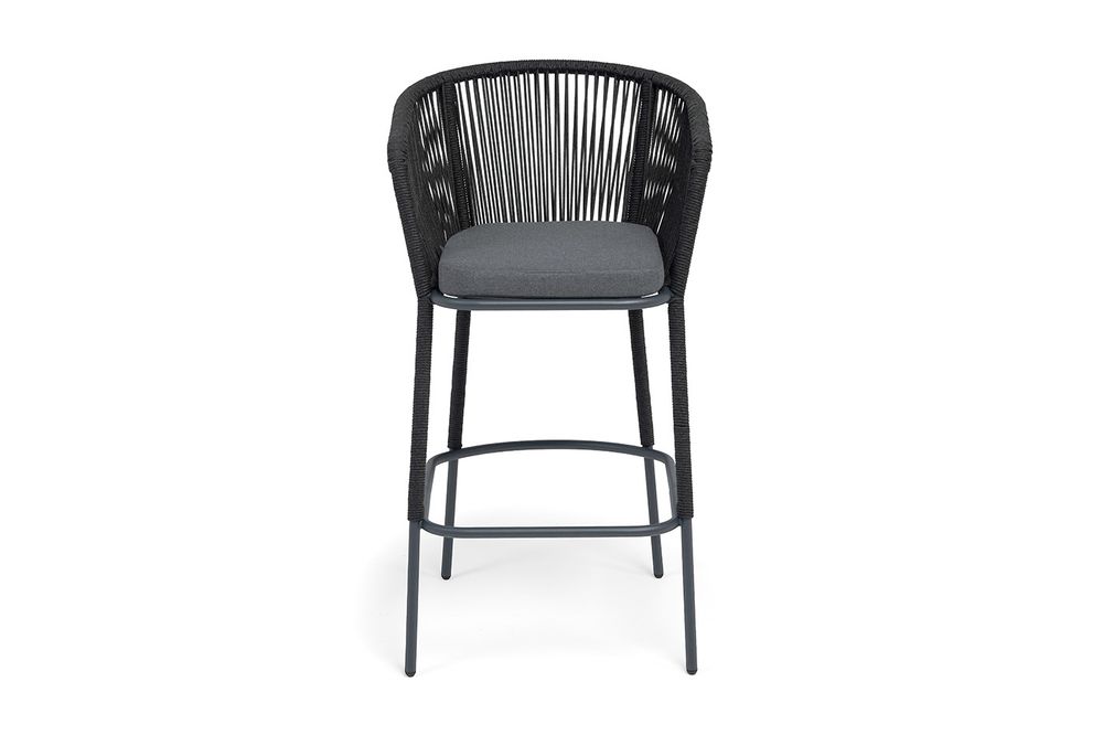 "Марсель" стул барный плетеный из роупа, каркас из стали темно-серый (RAL7024) муар, роуп темно-серый круглый, ткань темно-серая 027 NEW