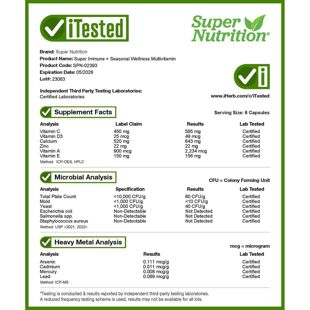 Super Nutrition, Super Immune+, мультивитамины с витаминами C, D и бета-глюканом, без железа, 240 растительных капсул