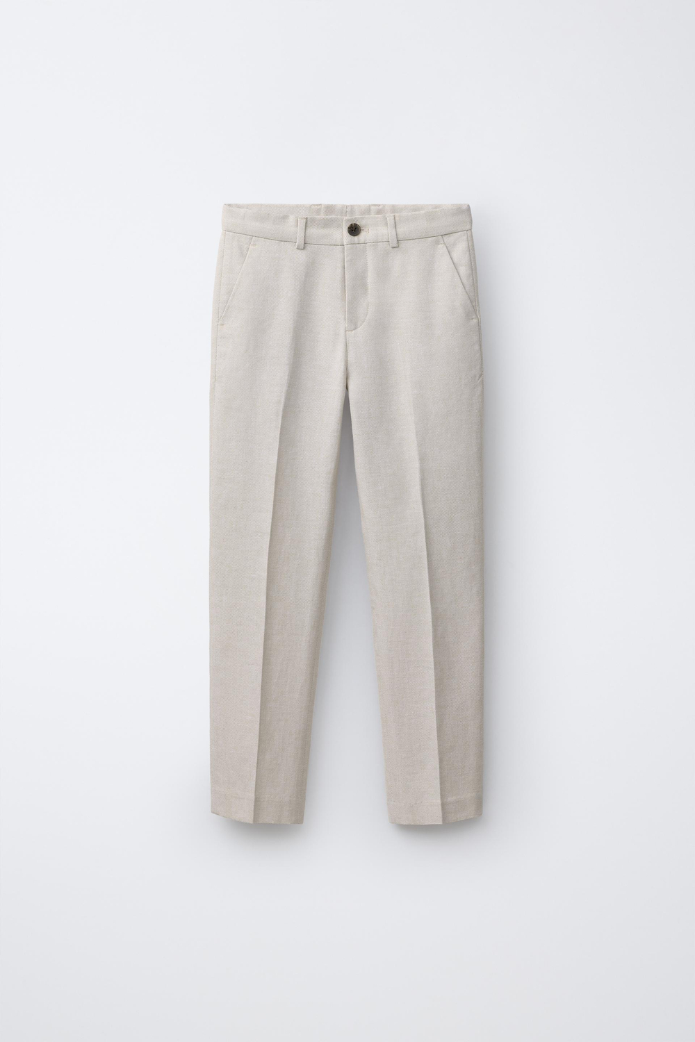 ZARA КОСТЮМНЫЕ БРЮКИ ИЗ ХЛОПКА И ЛЬНА, ЭКРЮ