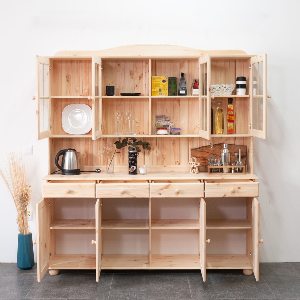 Шкаф витрина 174х28х109, Лена, стеклянная для посуды, буфет 4-дверный, с полками (верхняя часть буфета Лена), массив сосны, в натуральной отделке, Dipriz