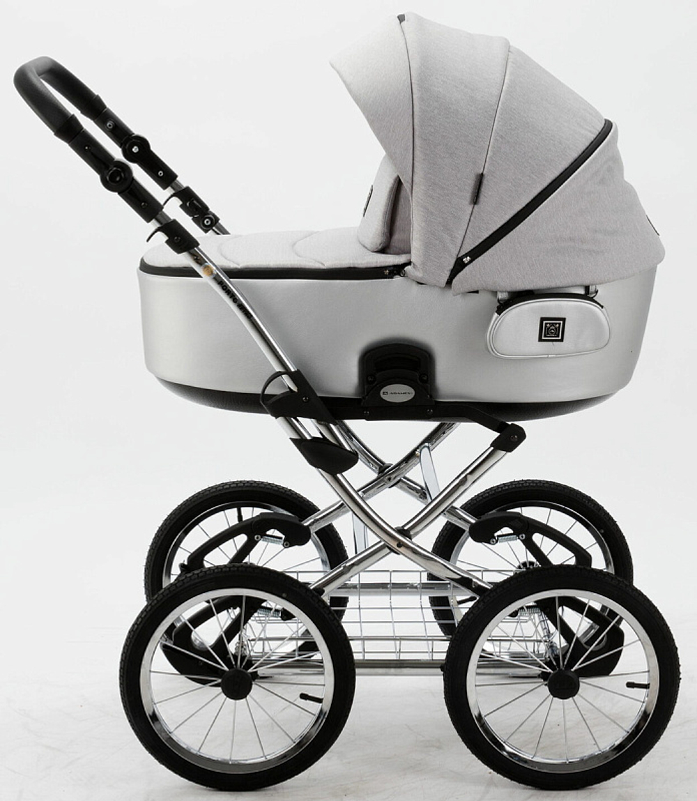 Детская коляска Adamex Porto Retro 2 в 1 PO-PS89 (СВ.СЕРЫЙ+СЕРЕБРИСТАЯ КОЖА)