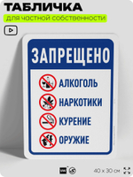 Табличка для частной территории "Запрещено: алкоголь наркотики курение и оружие", для участка, организаций и частных территорий, предупреждающая, 40х30 см, Silver Plane x Айдентика Технолоджи