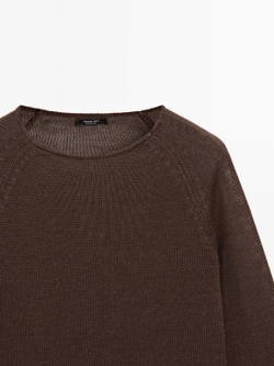 Massimo Dutti Свитер из льняного трикотажа с круглым вырезом, коричневый